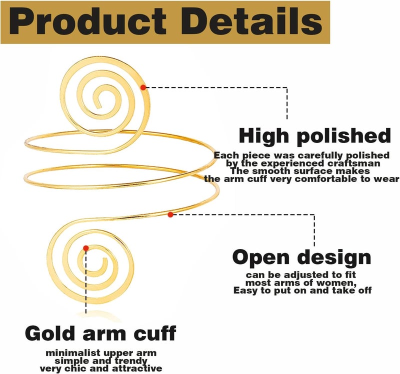 BOMAIL Store 2Pcs Gold Arm Cuff Bracelets Set for Women Open Adjustable Upper Arm Bangles Coil Swirl Armlet Armband Set Minimalist Upper Arm Cuff Jewelry for Women - Image 2
